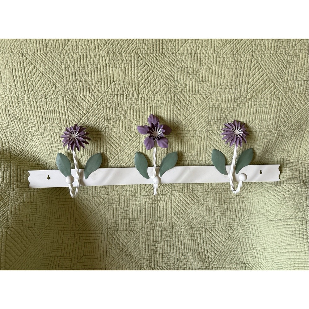 Vintage Toleware Style Floral Metal Wall Hook Rack Purple Flowers 3 Hooks 23.5"